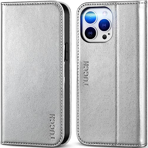 TUCCH Case for iPhone 14 Pro Max (6.7) 2022 5G, Protective PU Leather Wallet Flip Case with[Card Slot][RFID Blocking], Shockproof TPU Stand Folio Cover Compatible with iPhone 14 Pro Max, Shiny Silver