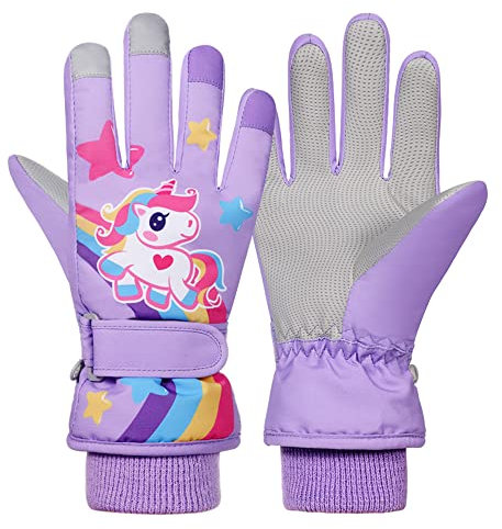 Kinder Skihandschuhe Snowboard Handschuhe Schneehandschuhe wasserdichte Und Winddichte Winter Handschuhe Anti-Rutsch Plüsch Gefüttert Warm Handschuhe für Mädchen Jungen Lila Einhorn L(9-11 Jahre)
