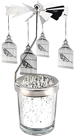 Windlicht Teelichtkarussel aus Glas Teelichthalter,Silber Karussell Teelichter Kerzenhalter,Motiv Vogel im Käfig Windlichter Teelicht Kerzen Halter Geschenk Dekoration für Hochzeit,Weihnachten