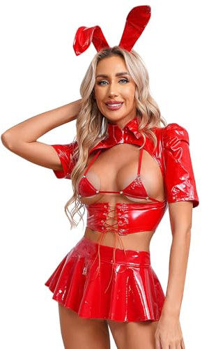 renvena Bunny Kostüm Frauen Sexy Häschen Cosplay Outfit Lack Leder Dessous Set Crop Top Oberteil mit Bikini BH Minirock Reizwäsche Clubwear Rot L