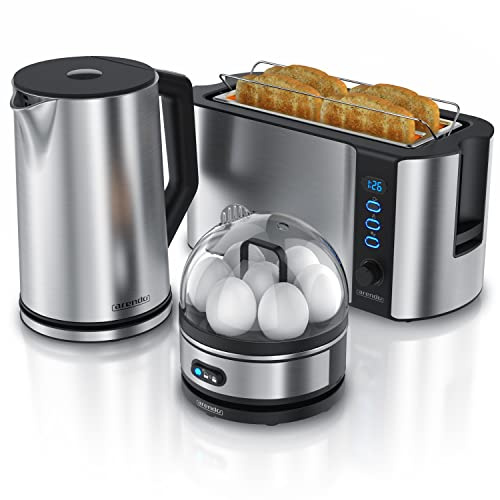 Arendo - Wasserkocher mit Toaster SET und Eierkocher, Edelstahl Silber Wasserkocher 1,5L 40° - 100°C, Toaster 4 Scheiben LED-Display 6 Bräunungsgrade Eierkocher 1-7 Eier Messbecher BPA frei