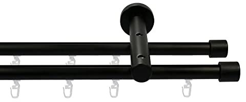 Garesa Gardinenstange Kea Ø 20mm, 2-läufig, Schwarz I Aluminium Vorhangstange inkl. Gleiter I Endknopf Kappe aus Holz I Für mittelschwere Vorhänge I 350cm