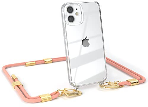 EAZY CASE - kombinierbare Handyketten kompatibel mit iPhone 12 Mini, Transparente Silikon-Hülle mit stylischen Umhängeband, Abnehmbarer Karabiner, Hülle mit Band, Handykordel, Korall - Clips Gold