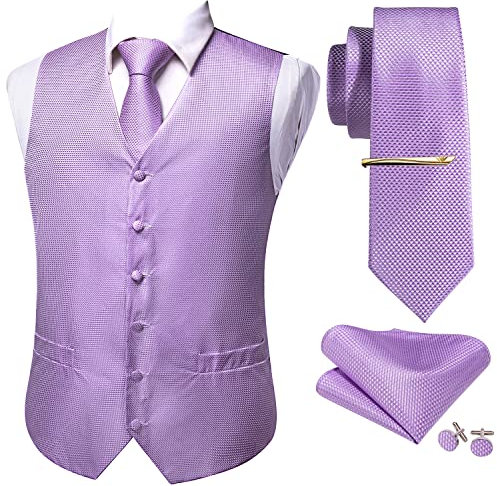 Barry.Wang Set gilet da uomo in seta floreale Paisley 5PCS gilet cravatta fazzoletto gemelli clip casual business dress, Viola puro, XXXL
