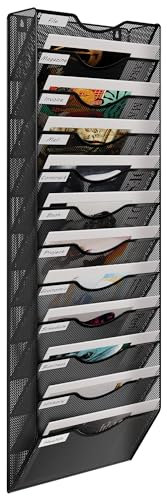 EasyPAG Metal 12 Tier A4 Wall Mounted Document Holder,Hanging Wall File Organiser,Pigeon Holes Storage,Wall Pocket,Filing Tray,Magazine Rack for Office & Home,Black