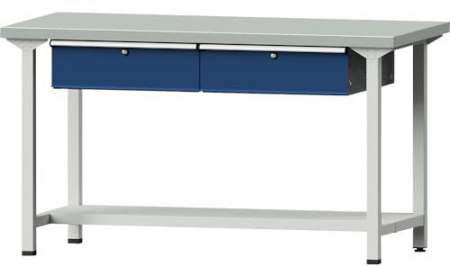 ANKE | Werkbank | Gestellbauweise Serie V | 2 Schubladen | 1 Ablageboden | Breite 1500 mm | Stahlblechbelagplatte