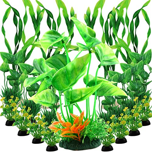 QUOZUO Fish Tank Decor Aquarium Plants, 20 Stück Grün Aquariumpflanzen, Aquarium Pflanzen Dekoration Künstliche Pflanzen, Aquarium Zubehoer Grün Kunstpflanzen