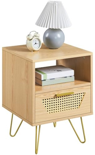 Yaheetech Table de Chevet en Bois, Table d'Appoint avec 1 Tiroir en Rotin, 1 Compartiment et Pieds métalliques, Table de Nuit pour Chambre à Coucher, Salon 40 × 40 × 55 cm Brun Clair