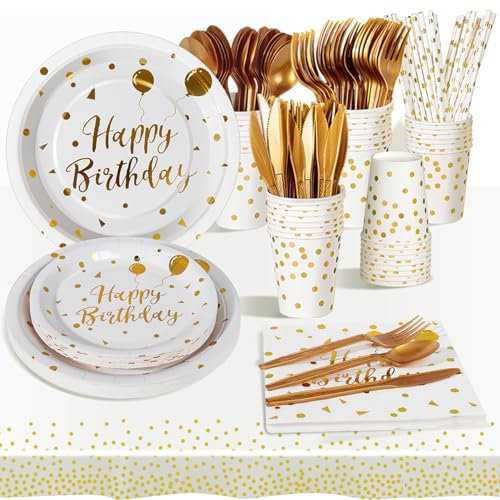 AIPartywar Party Tableware 193Pcs White Gold Happy Birthday Theme Kids Birthday Decoration Party Accessories Set Includes Paper Plates Napkins Cups Knive Fork Spoon-24 Guests