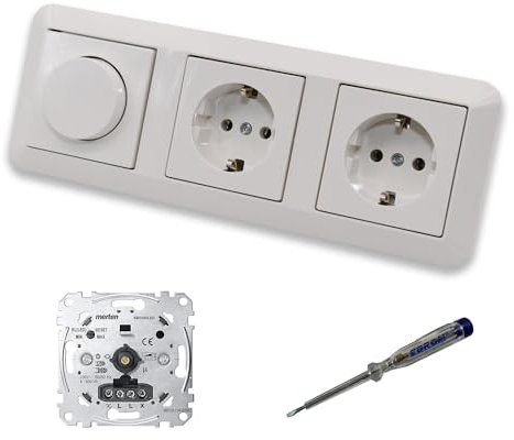 EBROM SET IDEE: Merten MEG5134-0000 LED Drehdimmer Dimmer + Dimmerscheibe MEG5250-0319 und 2 x Steckdose Kinderschutz MEG2300-0319 in polarweiß glänzend System M + EBROM Phasenprüfer zur Gerätemontage