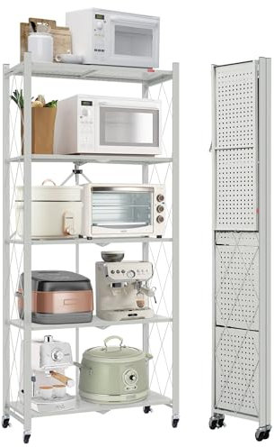 DEANIC 5 Etagen Klappregal Schwerlastregal,Haushaltsregal Standregal Klappbares Küchenregal mit Rollen,71 x 34 x 163cm Metallregal Schwarz,Bücherschrank Kostenlose Installation Wohnzimmer(Grau)