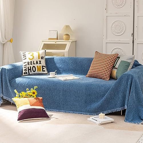 KnSam Home Couchbezug, Einfarbig Sofahusse 4 Sitzer mit Quaste, Anti-Rutsch Sofaüberwurf Katzen Chenille für Hunde Haustierfreundliche (180x230CM, Blau)