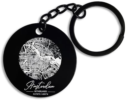 ENTROPIJA Amsterdam Netherland Coordinates City Map Runder Schlüsselanhänger & Schlüsselbund Pin Anhänger Schwarz Stah