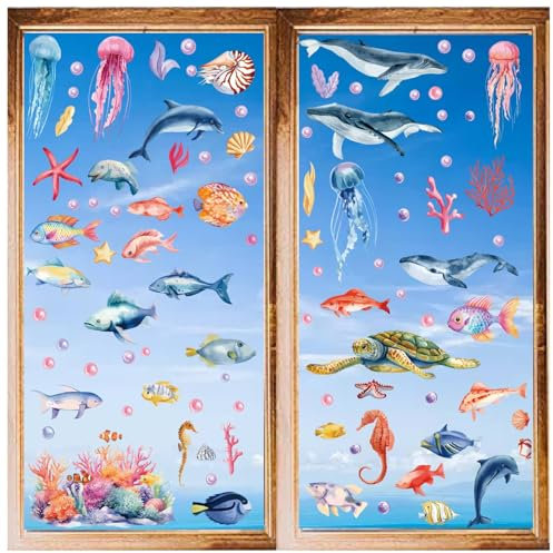 craspire 8 Blatt Fensteraufkleber Mit Meeres- Und Ozeanmotiv, Quallen, Muscheln, Korallen, Wale, Cartoon-Wandaufkleber, Abziehen Und Aufkleben, PVC, Wasserdicht, Selbstklebend, Dekor Für Schlafzimmer