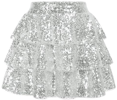 GRACE KARIN Mädchen Glitzernder Paillettenrock Elastischer Tanzrock mit Hoher Taille Gestufter Mini Skort Silber Weiß 10 Jahre
