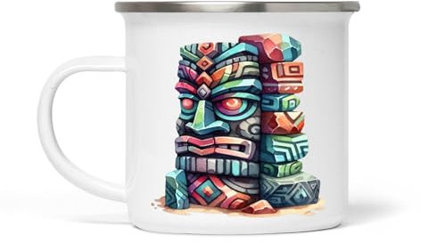 Vintage Tiki Weiße Emaille Tasse - 354 ml, langlebig und elegant, Ideal für Kaffee, Tee und heiße Getränke