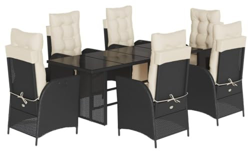 vidaXL Garten Essgruppe 7-TLG., Gartenmöbel Set Tisch mit 6 Stühle, Gartengarnitur mit Kissen, Sitzgruppe Essgarnitur Terrasse, Schwarz Poly Rattan