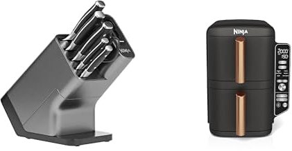 Bloc-couteaux Ninja Foodi StaySharp avec Affûteur, 6 Pièces Aiguisés, en Acier Inoxydable, K32006EU + Ninja Double Stack XL Air Fryer, Friteuse sans huile Verticale Double Tiroir, SL400EUCP
