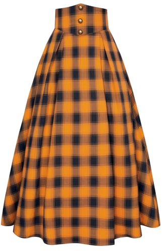 Weihnachten Trachtenrock Damen Mittelalter Rock Vintage Rockabilly Winter Plaid Skirt Schwarz Orange Plaid S