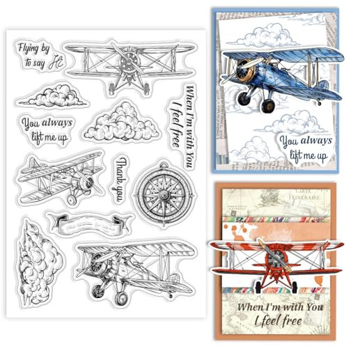 GLOBLELAND Transparente Silikonstempel Im Vintage Stil Mit Flugzeugen Zum Selbermachen von Karten. Transparenter Silikonstempel Mit Wolkenmotiv Siegel Kompass Dekorative Transparente Stempel