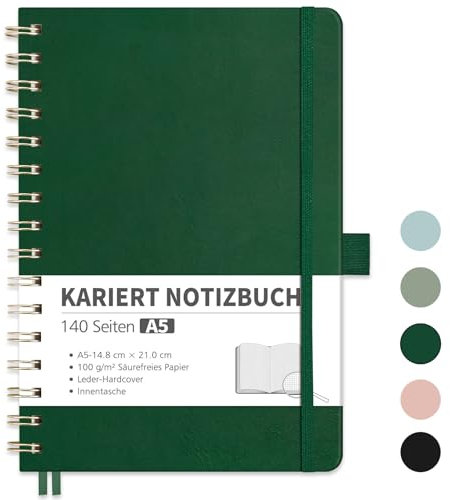 RETTACY Notizbuch A5 kariert, Bullet Journal mit 100 g/m² Dickem Papier, 70 Blatt, Collegeblock für Büro und Schule, Lederhülle, Dunkelgrün, 14.8 cm x 21 cm