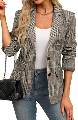 ELLEVEN Damen-Blazer, Reverskragen, Kariert, 2 Knöpfe, Boyfriend-Stil, Anzug, Hahnentrittmuster, Für Arbeit und Büro, Kaki, Größe L