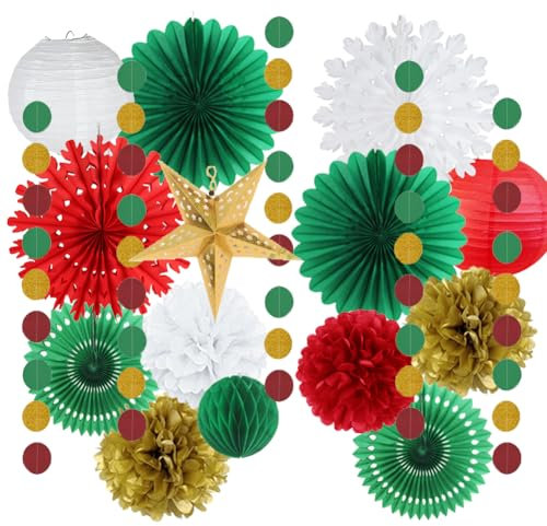 Christmas Party Decorations Christmas Paper Fans Red Green Gold Paper Pom Poms Honeycomb Balls Hanging Circle Dots Garland Gold Paper Star Lanterns for Christmas Xmas New Year Eve Hanging Party Decor
