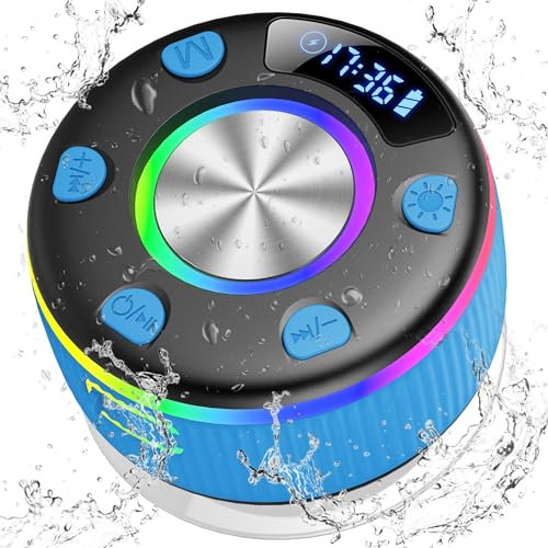 Altavoz Ducha, Altavoz Bluetooth 5.3 Ducha con Luces RGB, Altavoz Ducha Bluetooth con Ventosa, 8 Horas Estéreo USB-C, IP7 Impermeable Altavoces Bluetooth Portatil para Baño Piscina Fiesta, Azul Cielo