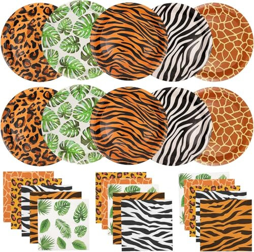 WIQEDOHA 100Pcs Jungle Safari Wild Animal Party Supplies Disposable jungle zoo animal Print Paper Plates and Napkins for Birthday Party, Baby Shower and jungle safari theme party decorations