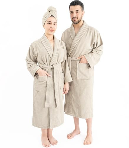 Hammetex Damen Bademantel 100% Baumwolle – 380 g/m² Weicher Frottee Bademantel mit Taschen für Zuhause & Sauna – Saugfähig & Hautfreundlich – Beige