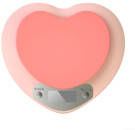 Eawfgtuw Bilancia digitale per alimenti, 5 kg, precisione di precisione, cuore rosa, schermo LCD, funzione tara, design elegante e compatto per cucina, cottura al forno, preparazione dei pasti,