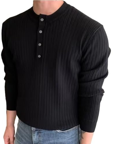 JUZILO Herren Halb Knopf Pullover Tops Herren Strick Henley T-Shirts Herbst Lässig Langarm Slim Fit Leichtgewicht Gerippt Kragen Pullover