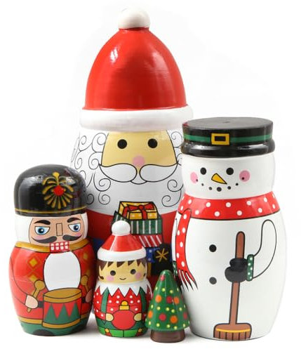 Set of 5 Christmas Wooden Nesting Dolls,Cute Santa Claus Snowman Nutcracker Boy Christmas Tree Xmas Russian Doll Stacking Matryoshka Doll Crafts for Kid Gift Christmas Birthday Party Home Decor