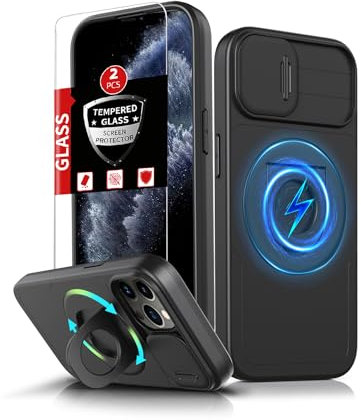 FRLMOOES per iPhone 11 Pro Max Custodia compatibile con MagSafe Magnetica Ricarica Wireless,Con 2 pezzi in vetro temperato,Protezione fotocamera integrata+360°Supporto per anelli,Assorbe gli urti Nero