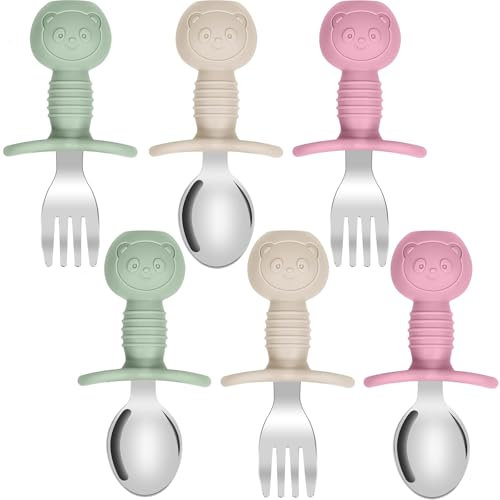 Kinyoda 6 Piezas Juego de Cubiertos para Bebés y Niños, Cucharas y Tenedores de Silicona y Acero Inoxidable para Bebés, Cubiertos bebe sin BPA para bebe Aprendizaje (Rosa & Verde & Beige)