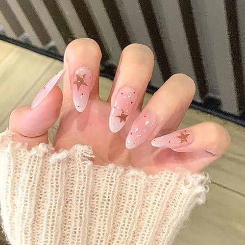 24 Stück Press on Nails Mandel Gefälschte Nägel Milchig Weiß mit Sternenmuster Glänzend Vollabdeckung Falsche Nägel, Französischer Press on Nails für Frauen Maniküre Nail Art DIY (Milchig Weiß)