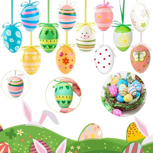 24 Stück Ostereier Deko, Ostereier zum Aufhängen, Ostern Deko Plastik Ostereier zum Aufhängen Draußen und Innen,mit verschiedenen Stilpunkten Streifen Blumen für Baum Schule Zuhause Partyzubehör(6cm)