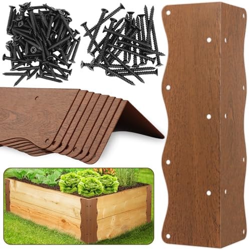 Raised Garden Bed Corner Brackets,8 Pcs Brown Wood Grain Metal Mending Plate with Screws,11x3x3 L-Shape Wave Edging for 20’’-24’’Bed,90 Degree Angle Corner Braces for Wood Shelves Furniture Cabinet