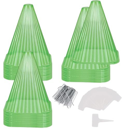 Garden Plant Cloches, 30 Pack Reusable Mini Greenhouse Bell Domes, Garden Cloches with 30 Weed Nails, 30 Plant Label Inserts for Protection Against Sun, Snow, Frost, Snails, Birds, Chickens, Insect Et