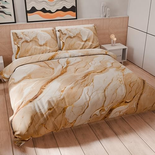 PETTI Artigiani Italiani - Bettwäsche-Set für Doppelbett 250 x 200 cm (2 Kissenbezüge 50 x 80 cm inklusive), Bettbezug aus weicher Mikrofaser mit Digitaldruck in Marmor-Optik, Beige - Made in Italy