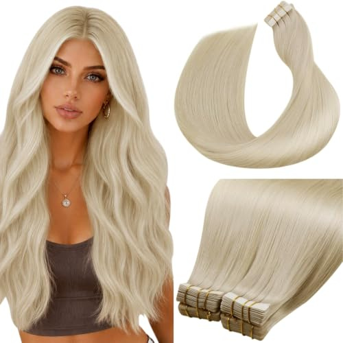 LaaVoo Tape in Extensions Echthaar 100g 40pcs Blond Tape in Extesions Platinblond Remy Haarverlängerung Natürlich Hair #613 40cm