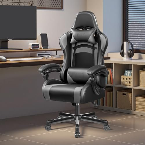 DoChair Chaise Gaming Style Classique, Ergonomique Gaming Chair avec Coussin Lombaire Réglable Fauteuil Gamer Accoudoirs Rembourrés Grande 150-200KG, Gris 07