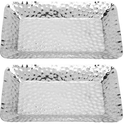 Tomotato Hammered Stainless Steel Tray, 2Pcs Rectangle Silver Serving Tray Platters Monarch Abode Hand Hammered Metal Serving Tray for Fruit Dessert Dishes Party