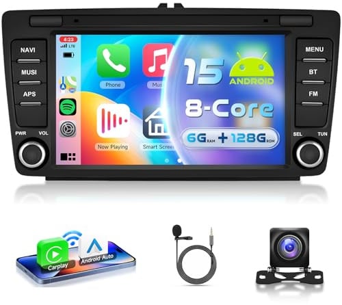 VECHTEL 8 Núcleo 6G+128G Android 15 Radio de Coche para Skoda Octavia 2 MK2 Rapid Yeti Roomster Superb, 8'' IPS Pantalla Táctil con Carplay Android Auto GPS Wi-Fi Bluetooth USB Tipo-C FM RDS Cámara