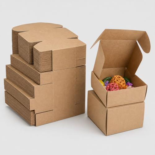 50er Pack Geschenkboxen mit Deckel (12x12x5 cm) - Extra Stabiler Karton Geschenkkarton Braun - Kleine Schachteln aus Kraftpapier für Gastgeschenke, Hochzeit, Pralinen & DIY Basteln
