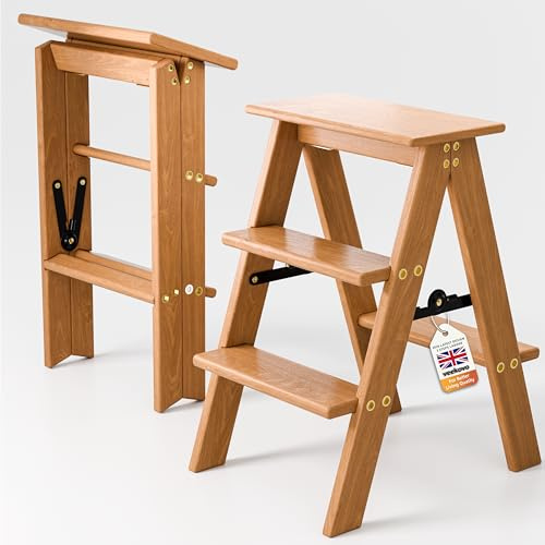 3 Steps Ladder,wooden step stool,Folding Step Stool with Anti-Slip Wide Pedal,150KG Load,2-in-1 Wood Foot Stool Display Storage Shelf Flower Rack for Home Ktichen. (DRG1)