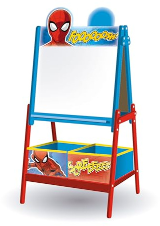 ARDITEX - Pizarra infantil de Marvel Spiderman con doble superficie para uso de tiza y rotulador y 2 contenedores textiles para almacenaje - 54x45x117cm - Contenedores de 24x30x15cm - Rojo y azul