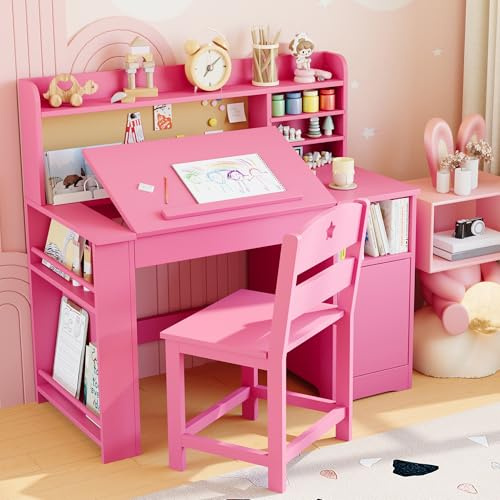 GarveeMore Kinderschreibtisch Set, Schülerschreibtisch Mit Stuhl, Neigbarer Tischplatte, Bücherständer, Schrank & Pinnwand, Ergonomischer Jugendschreibtisch Für 3-12 Jahre Kinder, Rosa