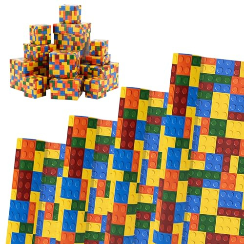 4 Blatt Geschenkpapier Kinder Bausteine Motiv 70x50 cm,Wrapping Papier für Junge & Mädchen, Geschenkverpackung für Klemmbausteine, Deko zum Geburtstag, Basteln & Party Deko