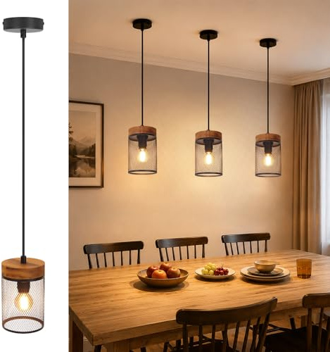 ZMH Vintage Pendelleuchte esstisch Schwarz - Holz Hängelampe E14 Hängeleuchte im industrial Design Esstischlampe 1 flammig mit Gitter Lampenschirm Retro Küchenlampe hängend für Esszimmer Küche